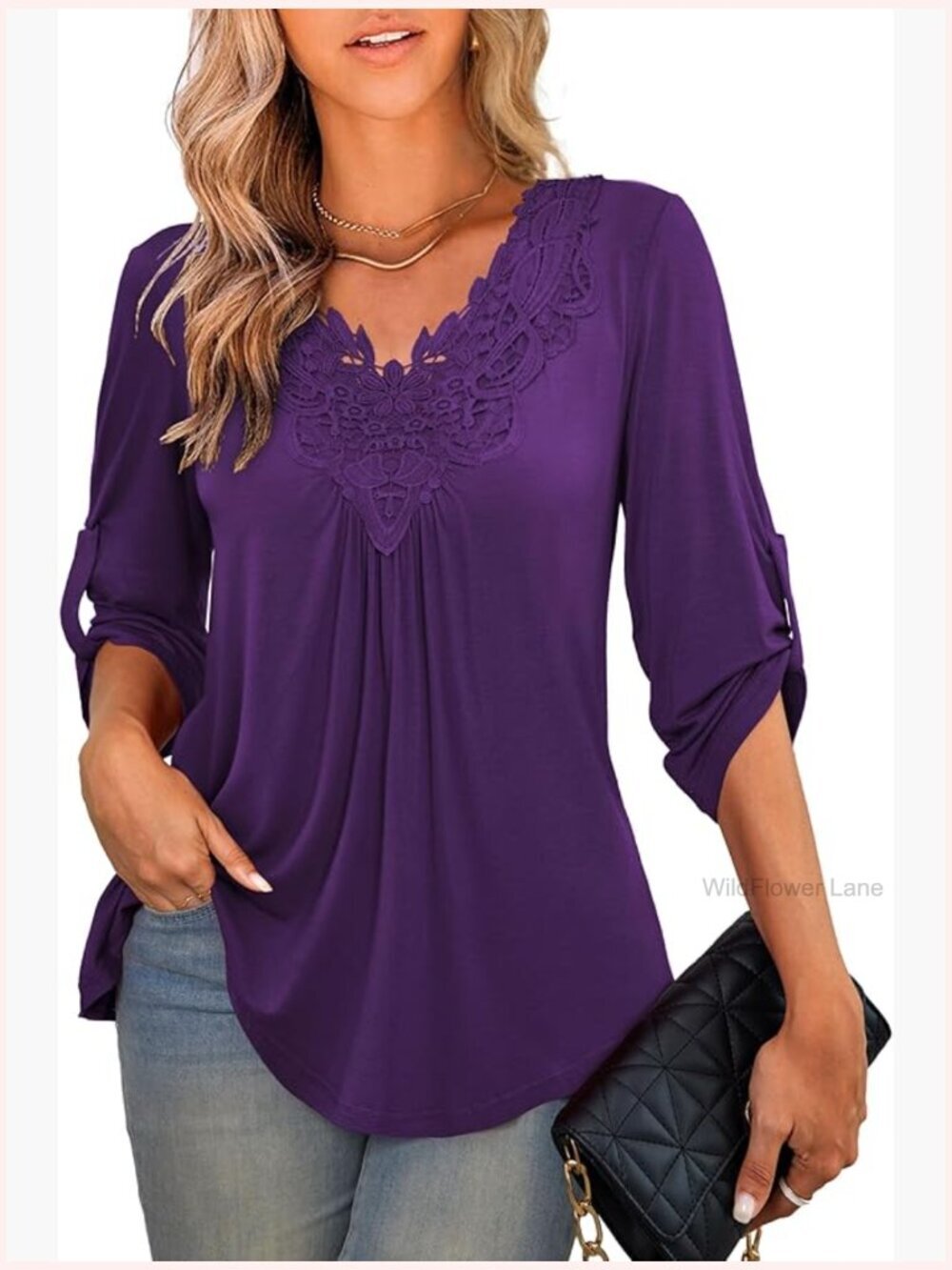 Women's Plus Size Tunic Blouse 3/4 Roll Sleeve Lace Crochet V Neck Casual